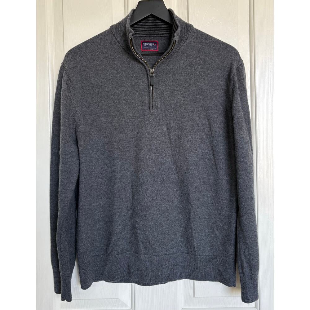 Untuckit Men's 100% Extra Fine Merino Wool Sz L Dark Gray 1/4 Zip Sweater Henley